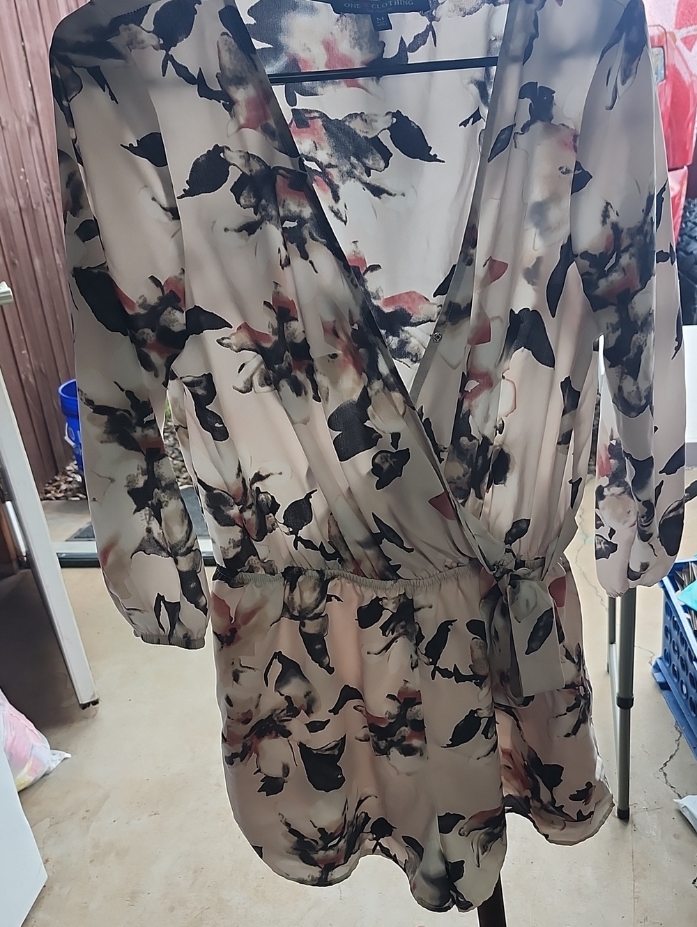 Floral Wrap Romper with Tie-Waist - Cream/Black
